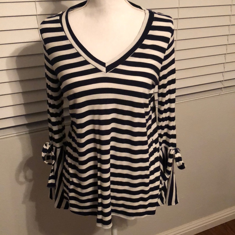 Navy and white stripped bell sleeve with ties